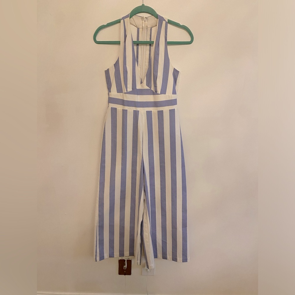 Blue and white striped cropped wide leg jumpsuit by Sugar Lips. Size XS. $30